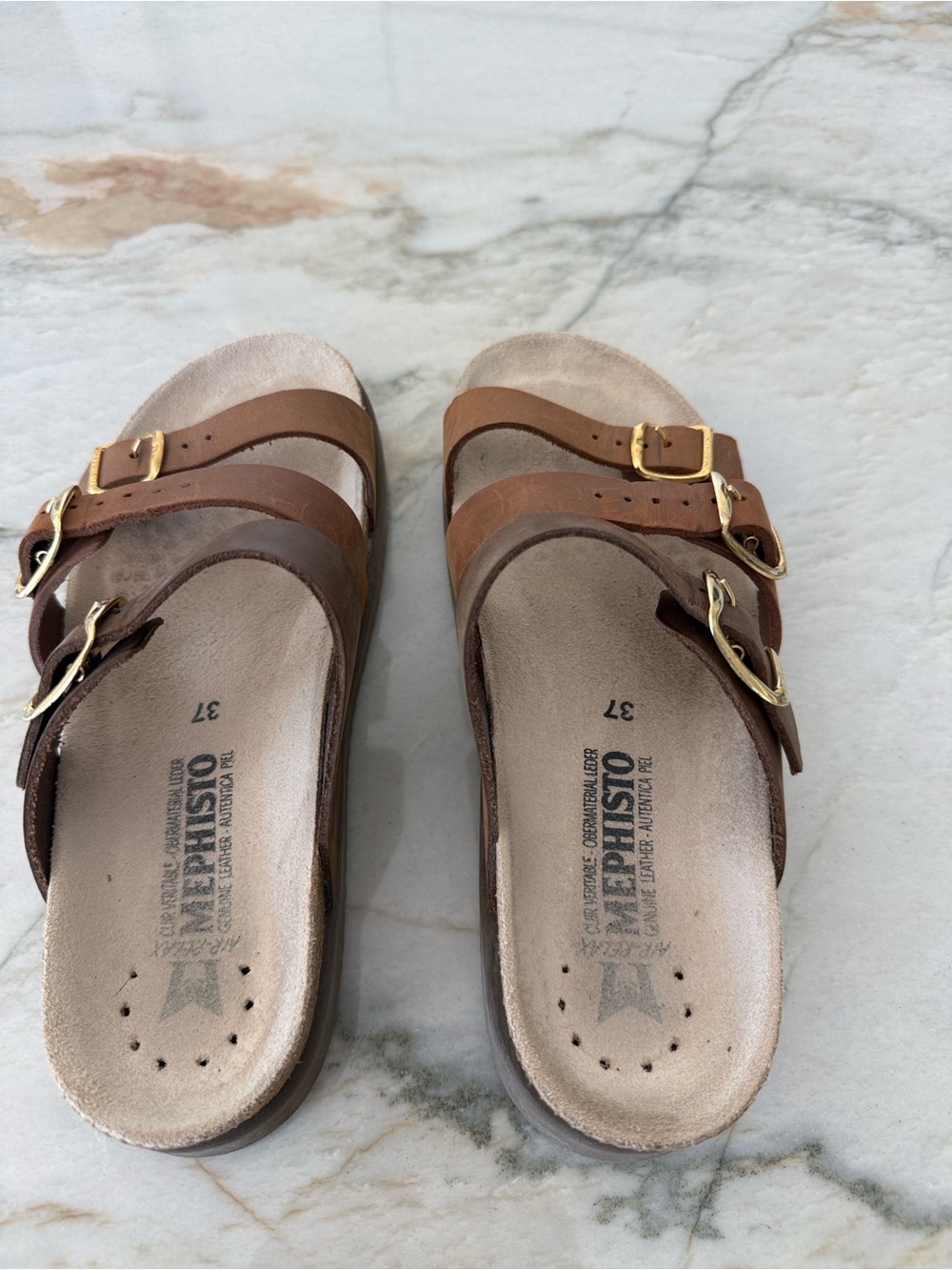 Mephisto Women’s Brown Triple-Strap Sandals with Gold Buckles - Picture 12 of 13